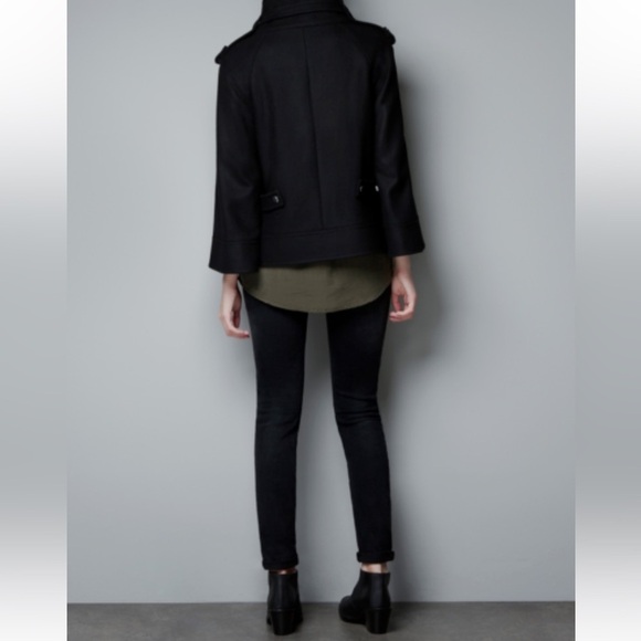 ZARA RARE BLACK COAT CAPE JACKET ASYMMETRICAL ZIP SIZE SMALL Peacoat Goth - Picture 4 of 13